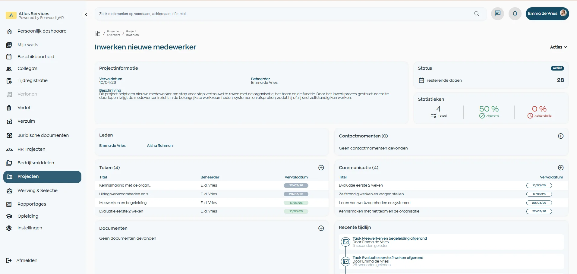 Dashboard with overview of project tasks