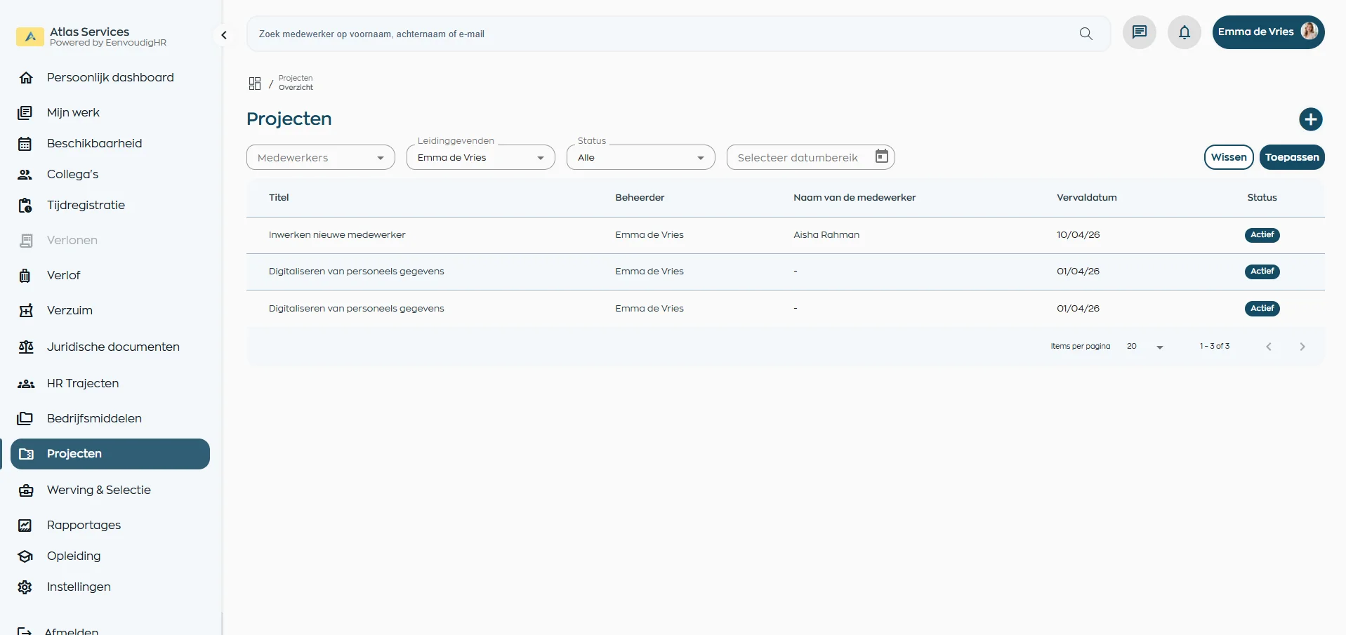 Projects in WorkVine