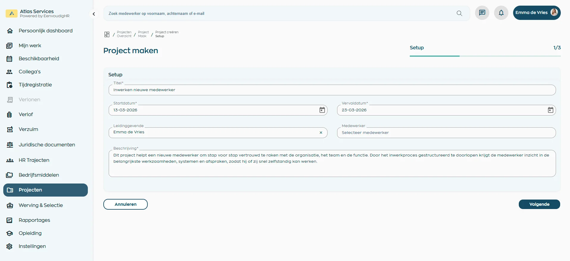 Create a new project with tasks and responsibilities