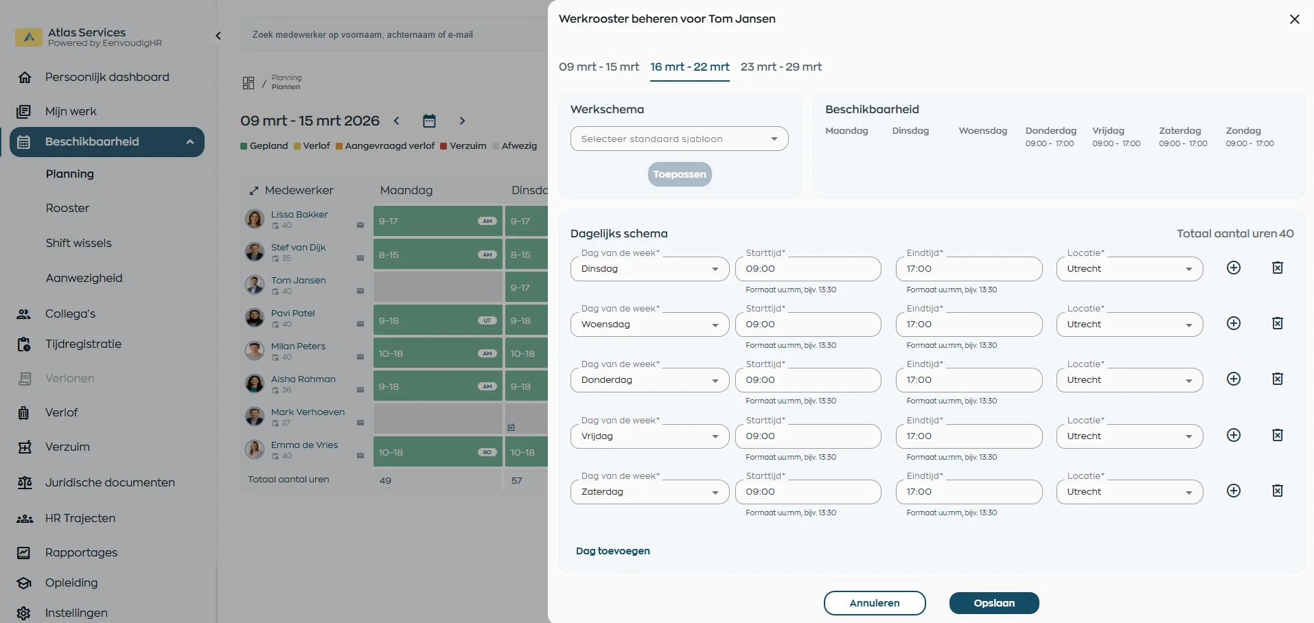 Duty roster with fixed structure and templates