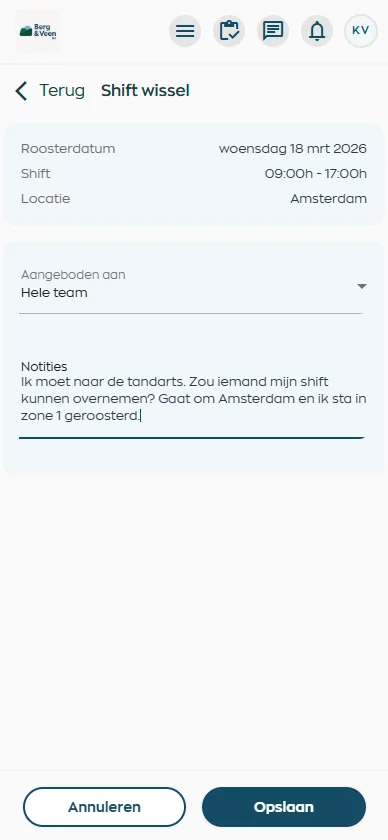 Shift change and open shifts within the planning
