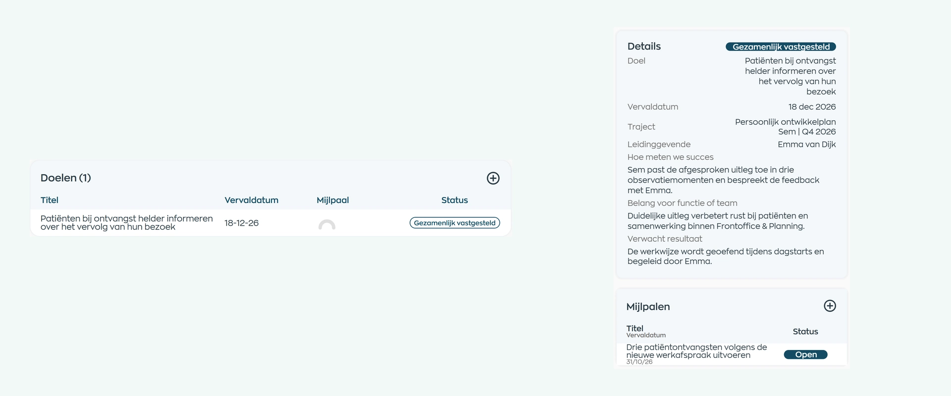 A development goal agreed with Sem Jansen in Office and the Employee App, with its context and milestone