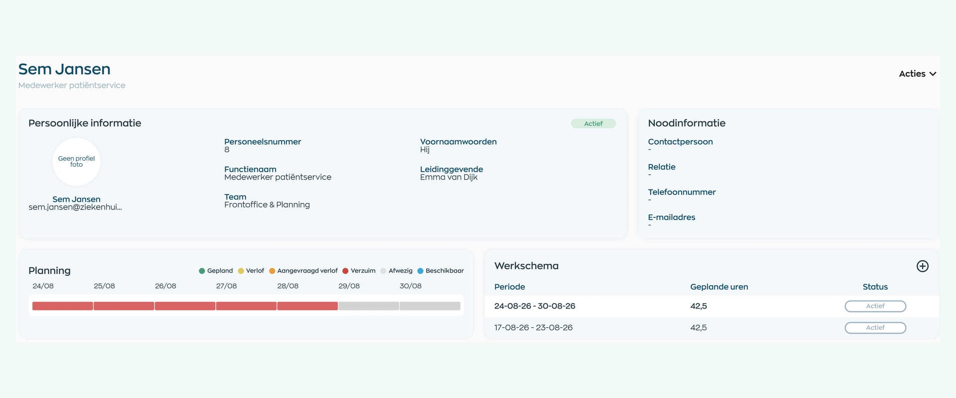 Sem Jansen's employee record in Office, showing his manager, team, planning and work schedule